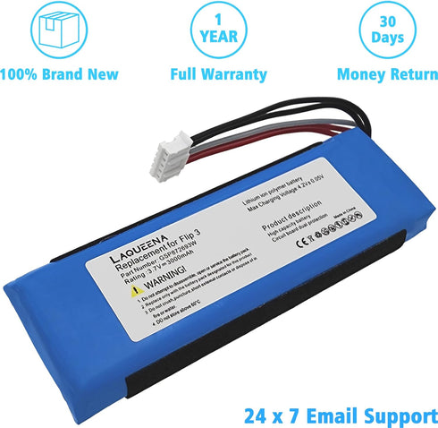 GSP872693W 3000mAh Battery Compatible with JBL Flip 3 Waterproof Bluetooth Speaker with Tools Battery Part NO Flip3 GSP872693 P763098 03 3.7V...