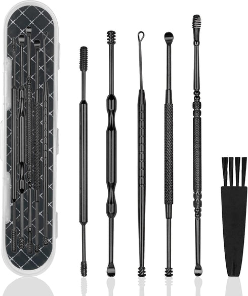 Hion 6 Pcs Ear Wax Removal Kit,Professional Double-Headed Ear Pick Earwax Removal Tools,316L Stainless Steel Ear Cleaner Curette with Cleaning Bru...