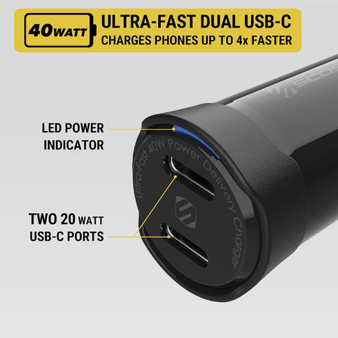 Scosche CPDCC40M PowerVolt 40W Certified Dual Port USB-C Car Charger, Flush Cigarette Lighter Adapter, Fast Charging Car Plug for 12V Power Outlet...
