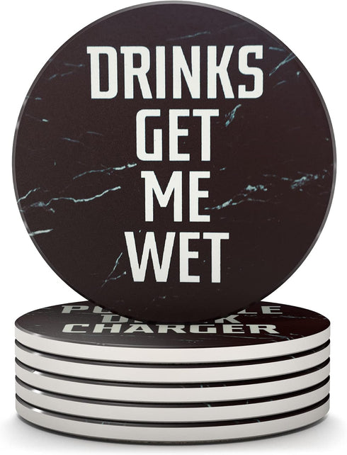 Clever & Funny Coasters for Drinks Absorbent with Box Holder - 6 Piece Ceramic Black Marble Coaster Set - Man Cave Decor...