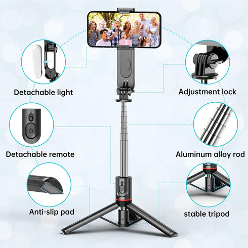 Stable Selfie Stick Tripod with Fill Light, 44 Inch Extendable Selfie Stick with Wireless Remote and Tripod Stand 360 Rotation for iPhone 15/14/13...