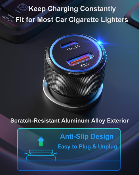 USB C Car Charger, OKRAY 36W Fast Charging Cigarette Lighter Adapter USB Type C PD3.0+QC3.0 Dual Ports Car Charger with 6 Feet USB-C to USB-C Cabl...