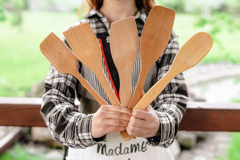 Nonstick Wooden Spoons For Cooking – 5 European Premium Spoons Set - 100% Healthy and Natural Wooden Spatula – Long Handled, Strong, Durable, Soli...