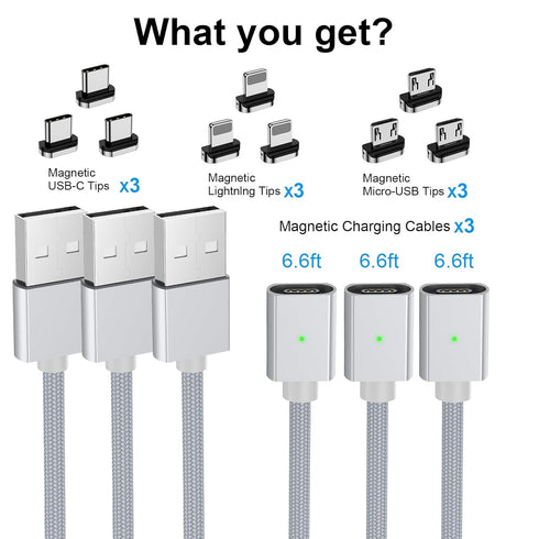 Magnetic Charging Cable 3A Fast Charging(3 Pack,6.6/6.6/6.6ft) 3 in 1 Magnetic Phone Charger with LED Light, Nylon Braided, for Lightning/USB-C/Mi...