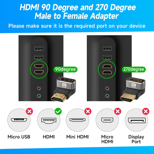8K HDMI 2.1 Adapter 90 Degree and 270 Degree Gold Plated Adapter 2 Pack, Right Angle HDMI Male to Female Connector Converter HDMI L Shape Extender...