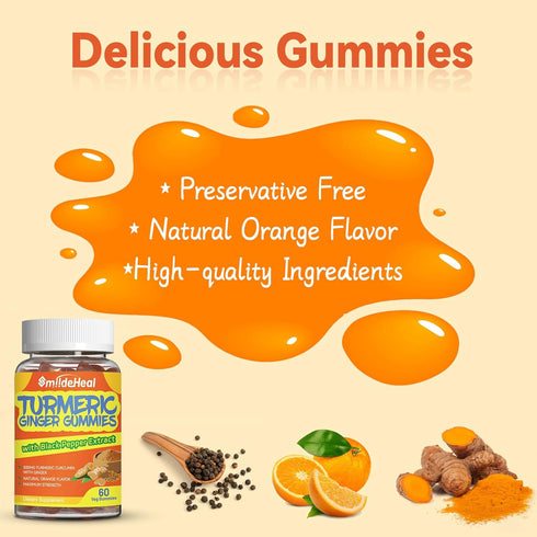 Turmeric Curcumin Gummies 500mg, with Turmeric Root Extract, Ginger Root, Black Pepper Extract, Antioxidant Support, Orange Flavor Gummies, 60 Cou...