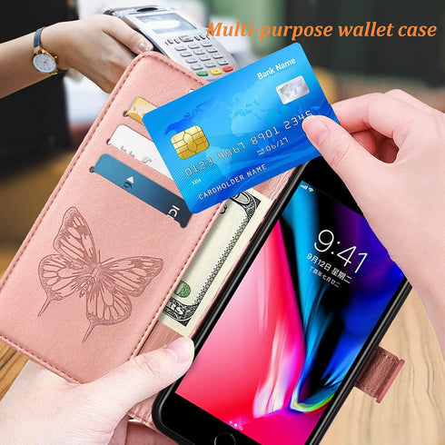 for iPhone SE 2022/SE 2020 Case,for iPhone 6/6S/7/8 Wallet Case,Butterfly Floral Embossed,Wrist Strap,Card Holder Slots,Stand Leather Protective F...