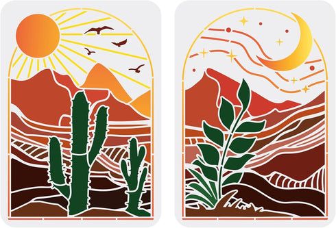 FINGERINSPIRE 2 Pcs Sun and Moon Painting Stencils 11.7x8.3 inch Boho Sunrise Themes Plastic Templates Cactus Leaves Stars Pattern Stencils Reusab...