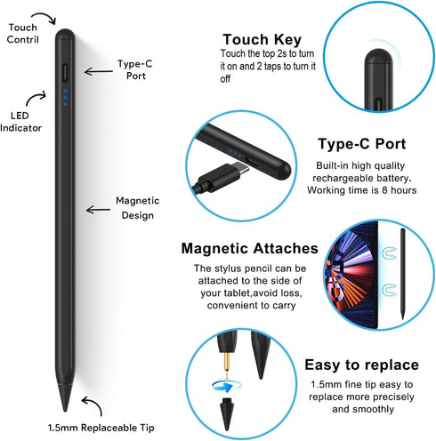 Stylus Pen for iPad with Palm Rejection,5 Extra Tips,Tilt Sensitive iPad Pencil Compatible (2018-2023) Apple iPad 10th/9th/8th/7th/6th,iPad Pro 11...