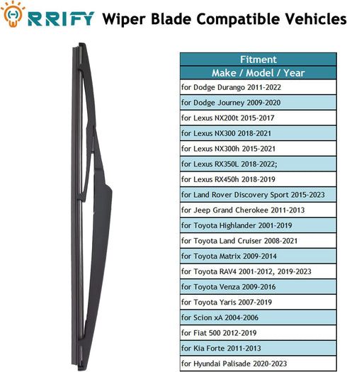 12" Rear Wiper Blade for Dodge Durango 11-22, for Dodge Journey 09-20, for Lexus NX200t 15-17, for Lexus NX300 18-21, for Toyota Highlander 01-19,...