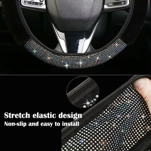 Bling Fluffy Steering Wheel Cover for Women Girls, Rhinestone Diamond Sparkling Fur Steering Wheel Protector Elastic Steering Wheel Covers Winter ...