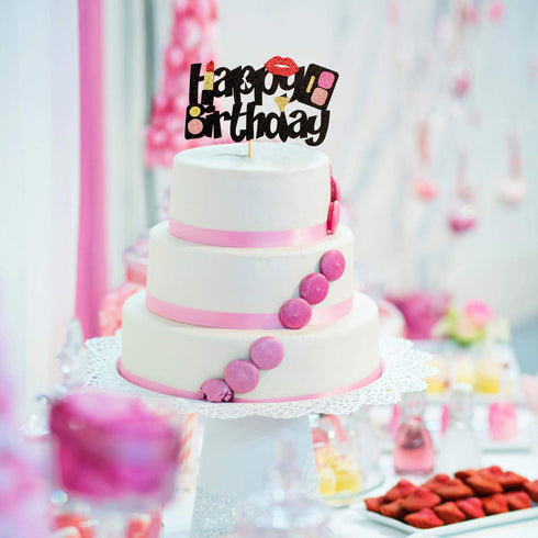 Ercadio 1 Pack Glitter Makeup Cake Topper Happy Birthday Cake Pick Bridal Shower Women Cosmetics Theme Bachelorette Party Decorations Supplies...