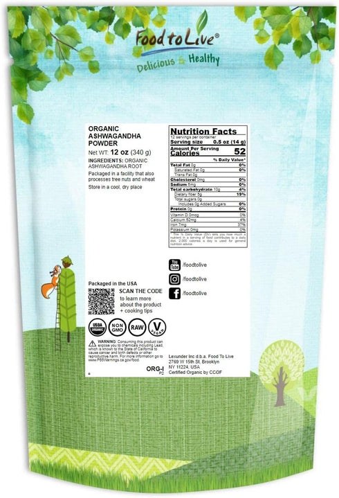 Food to Live Organic Ashwagandha Root Powder – Non-GMO, Finely Ground Indian Ginseng, Pure, Raw, Vegan, Bulk. Easy to Mix. Adaptogenic Herb. Great...