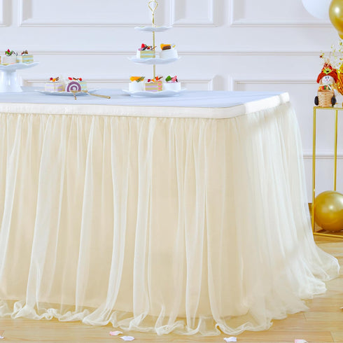 Suppromo 9ft Champagne Tulle Table Skirts for Rectangle Tables or Round Tables Champagne Tutu Table Cloth Cover for Wedding Birthday Party Baby Sh...