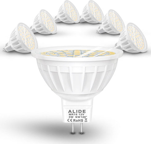 ALIDE MR16 50W Led Bulbs Replacement,5W MR16 GU5.3 Bi-Pin 4000K Natural White,Wide Angle 120 Degree Beam,12V MR16 LED Bulb for Overhead Tracking F...