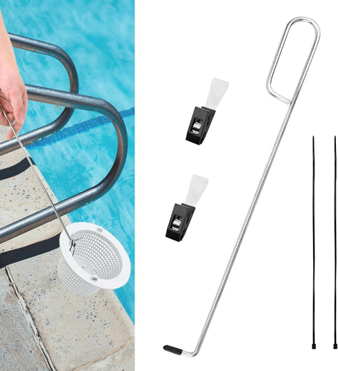 Swimming Pool Skimmer Basket Hook - Stainless Steel Skimmer Basket & Lid Removal Handle Tool with Pool Test Strip Clips for Debris Removal, Easily...
