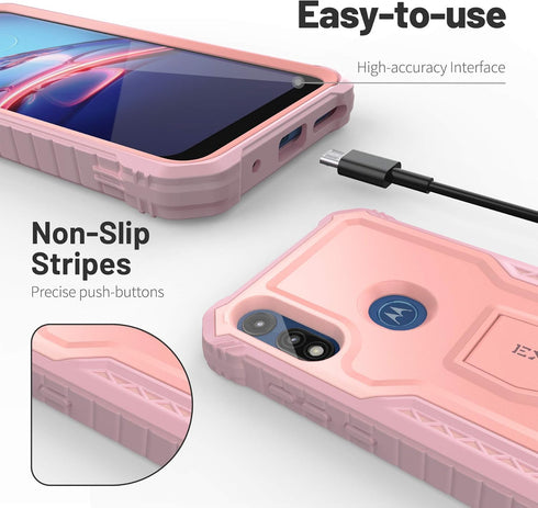 ExoGuard for Moto E Case, Rubber Shockproof Full-Body Cover Case Built-in Screen Protector and Kickstand Compatible with Moto E Phone 2020 (Pink)...