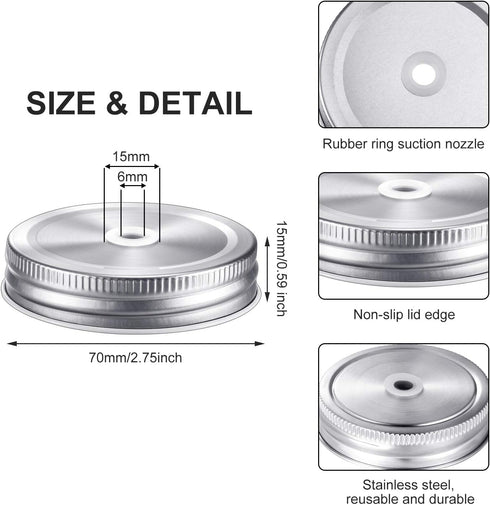 Mudder 8 Pieces Metal Regular Mouth Mason Canning Jar Lids with Straw Hole Leak Proof Reusable Jar, 2.7 Inch (Silver)...