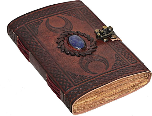 cuero 3 Moon Blue Lapiz Embossed Vintage Leather Journal | 240 Pages of Antique Handmade Deckle Edge Vintage Paper, Leather Sketchbook, Drawing Jo...