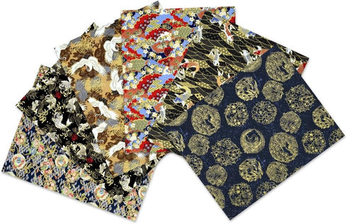 Japanese Fabric,Asian Fabric Squares 6 PCS,6 Different Black Japanese Wrapping Cloth Fish Floral Red Crowned Crane Patterned Fabric Bundles 19.6 x...