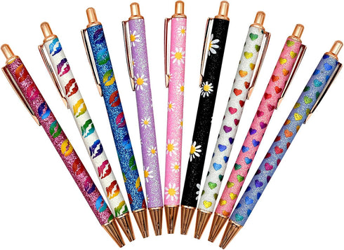 9PCS Sparkle Glitter Heart Pens Metal Daisy Flower Pen Weeding Pen Retractable Ballpoint Pens Lip Print Pen Gift Pen For Women Girls Ladies School...