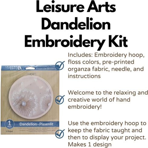 Leisure Arts Embroidery Kit 6" Dandelion - embroidery kit for beginners - embroidery kit for adults - cross stitch kits - cross stitch kits for be...