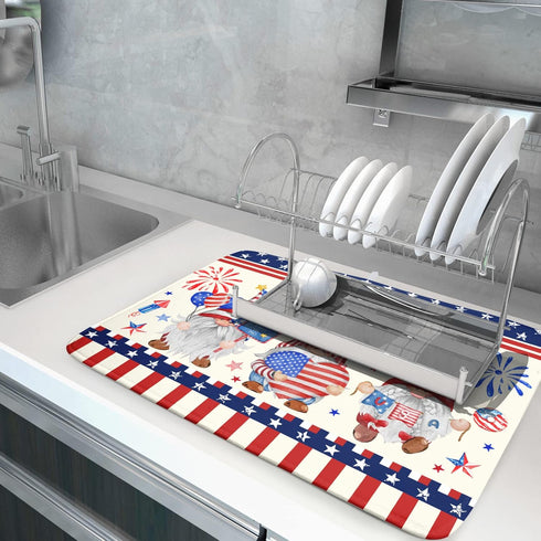 4th of July Drying Mat for Kitchen Counter 18 x 24 in - US Independence Day Patriotic Gnomes Microfiber Large Dish Drainer Mats Protector Pad for ...