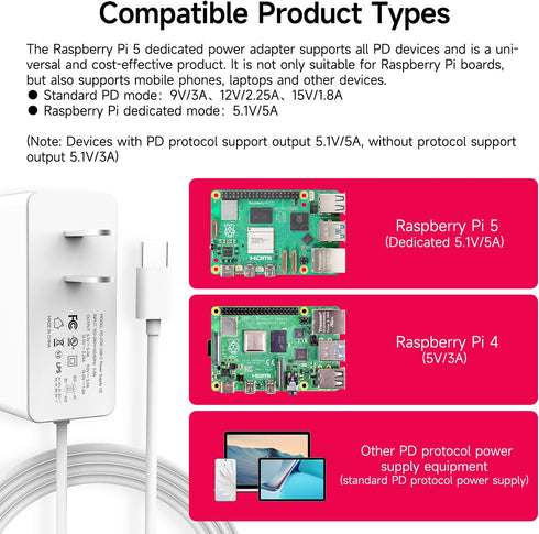 Yahboom Raspberry Pi 5 Power Supply 27W USB-C US Plug PD Power Adapter Raspberry Pi 5 Official Power Super Alternative 5V 5A...