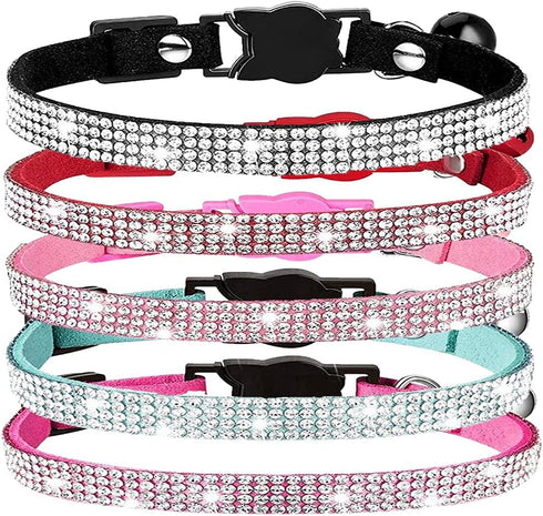 Pimaodog Rhinestones Dog Collar, Cute Dazzling Sparkling Soft Suede Leather Pet Cat Puppy Collars with Bell Soft Velvet Crystal Collars Girl Jewel...