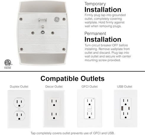 GE 6-Outlet Extender Wall Tap, 2 Pack, Grounded Adapter, Charging Station, 3-Prong, Secure Install, UL Listed, White, 46852...