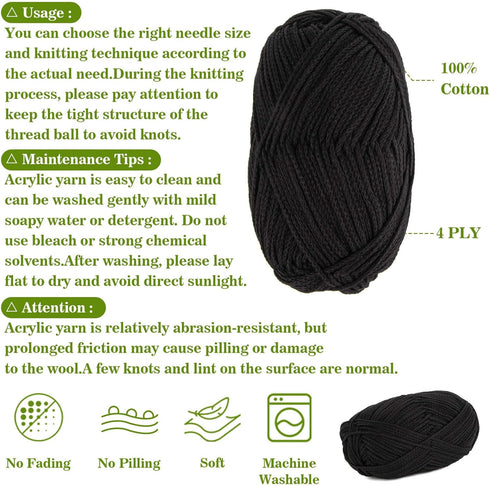 Black Cotton Yarn - Black Yarn for Crocheting-Soft Knitting Yarn for Crafts&Crocheting DIY 2 Pack of 100g/3.5oz Soft Cotton Yarn for Handicraft Kn...