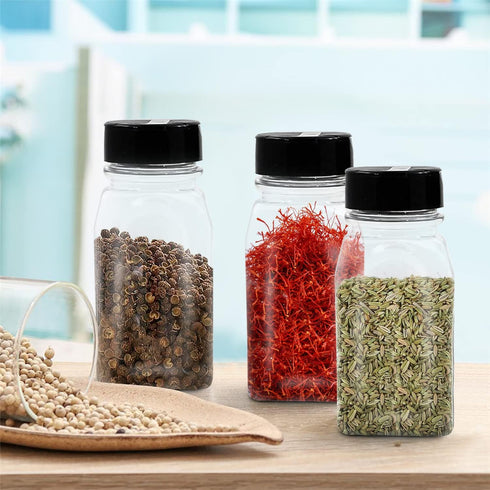 RoyalHouse 12 Pack 9.5 Oz Plastic Spice Jars with Black Cap, Clear and Safe Plastic Bottle Containers with Shaker Lids for Storing Spice, Herbs an...