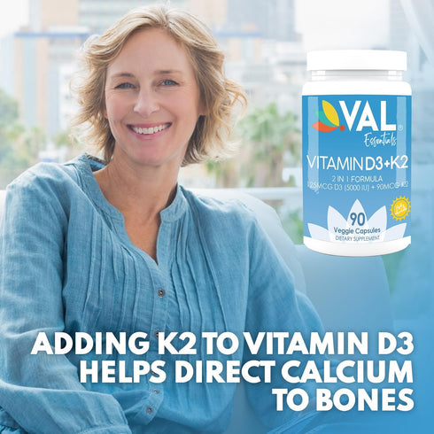VAL Essentials Vitamin K2 + D3 Supplement - High Potency 5000 IU D3 & 90 mcg K2 MK-7, Non-GMO, Easy to Swallow Vitamin D & K Complex, 90 Vegetaria...