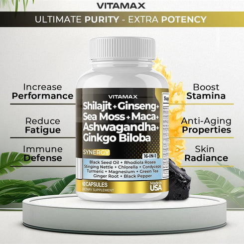 Pure Himalayan Shilajit Supplement 10,000mg Ashwagandha 6,000mg Sea Moss 2,000mg Rhodiola Rosea 1000MG Gingko Biloba 500mg Trace Mineral Capsules ...