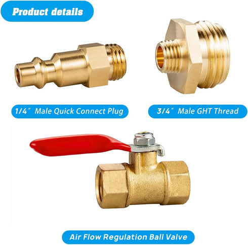 2PCS Brass RV Winterize Blowout Adapter, 1/4 Inch Male Quick Connecting Plug &3/4 inch Male GHT Thread &1/4 Inch Ball Valve with 2 Pcs Washers for...