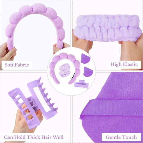 YISSION Purple Spa Headband & Wristband Set Puffy Skincare Headband & Wrist Bands for Washing Face Makeup Powder Puff Large Hair Claw Clips Sponge...