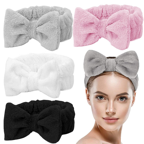 4 Pack Skincare Headband Bow Microfiber Spa Facial Headband for Women Makeup Head Band Coral Fleece Hair Band for Washing Face, Shower...
