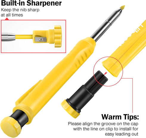 Hiboom 2 Pack Solid Carpenter Pencil with 14 Refill, Long Nosed Deep Hole Mechanical Pencil Marker with Built-in Sharpener for Carpenter Woodworki...