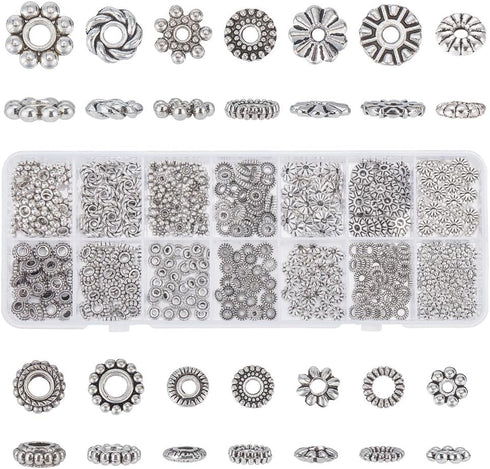 PH PandaHall 480pcs Silver Spacer Beads 14 Style Jewelry Beads Metal Flower Gear Snowflake Rondelle Beads Charm Spacers Tibetan Alloy Loose Beads ...