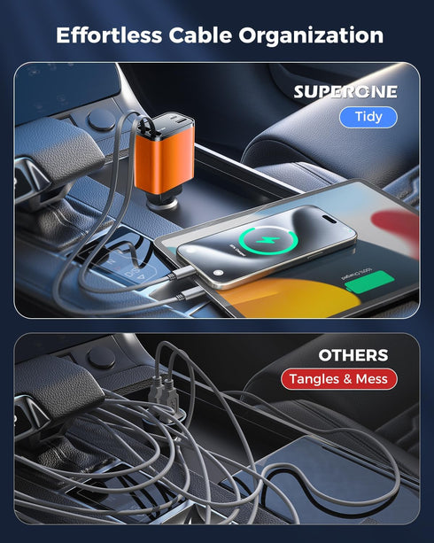 SUPERONE Smaller Retractable Car Charger, 4 in 1 Fast Car Phone Charger 69W with Cord 2.6ft, USB C and Apple Car Charger Adapter, Compatible with ...