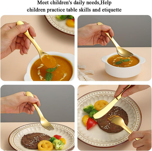 Gold Toddler Utensils, Gold Titanium Coated 4 Pieces Stainless Steel Toddler silverware set, Kids Utensils Forks and Spoons, Mirror Polished Smoot...