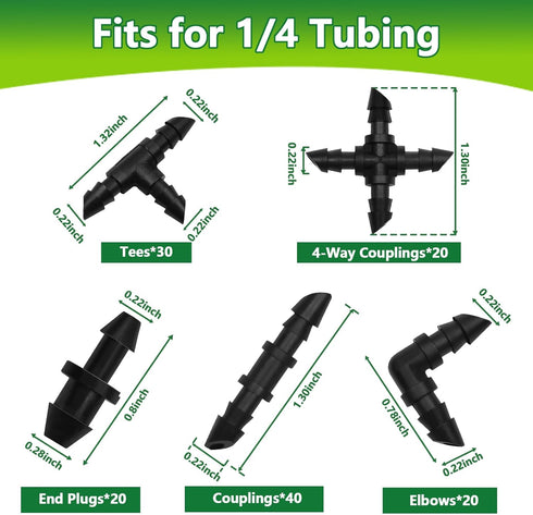 Drip Irrigation Fittings Kit for 1/4" Tubing, 130 Pieces Drip Line Connectors for Drip Systems - 40 Couplings, 30 Tees, 20 Elbows, 20 End Plugs, 2...