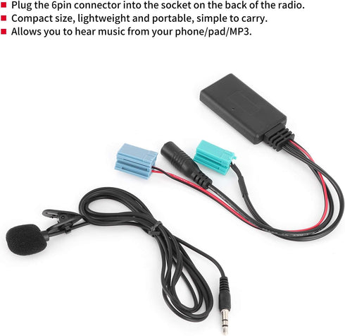 Bluetooth Audio Adapter,DC12V 6Pin Bluetooth Audio Cable Car Stereo AUX-in Adapter with Microphone ABS Fit for Renault Clio/Espace/Megane...