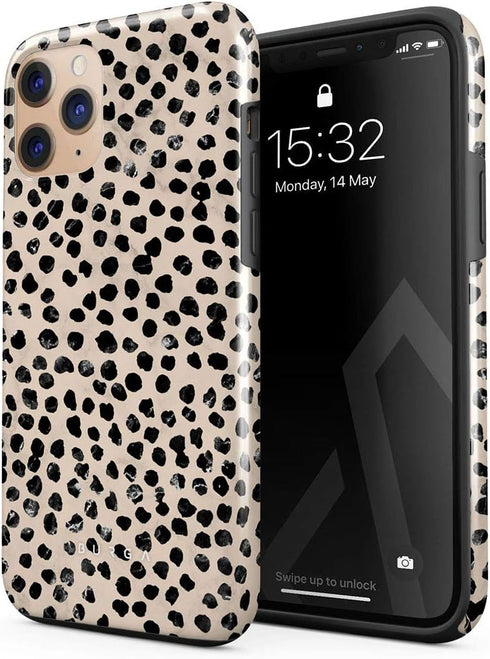 BURGA Phone Case Compatible with iPhone 11 PRO - Hybrid 2-Layer Hard Shell + Silicone Protective Case -Black Polka Dots Pattern Nude Almond Latte ...