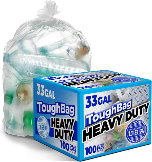 33 Gallon Trash Bags, Recycling Bag, 33 x 39” Garbage Bags (100 COUNT/CLEAR) – Outdoor Industrial Garbage Can Liner for Custodians, Landscapers, L...