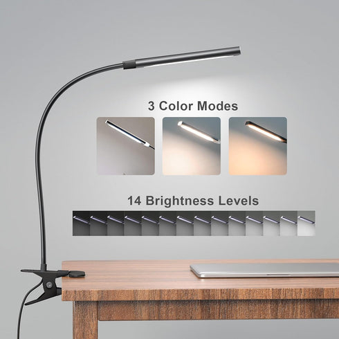 Desk Lamp Clip on LED Desk Lamp 3 Color Modes 14 Brightness Dimmable Table Lamp Metal Clip 360° Adjustable Gooseneck Portable Reading Lamp for Hom...