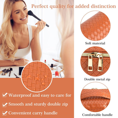 ZAUKNYA Large Capacity Travel Cosmetic Bag - Makeup Bag, Portable Leather Waterproof Women Organizer, with Handle and Divider Flat Lay Bags (Brown...