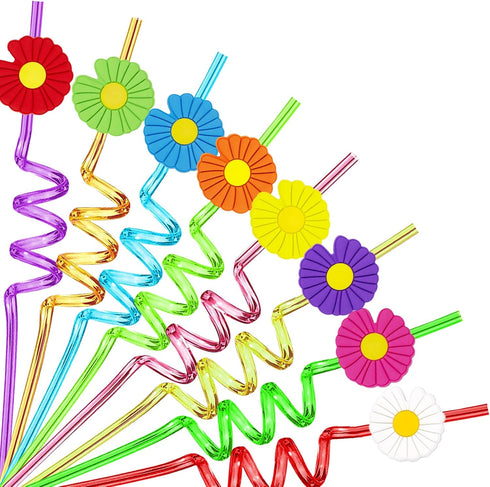 24PCS Daisy Flower Drinking Straws Reusable for Kids Daisy Flower Theme Birthday Party Favors Supplies Decorations with 2 PCS Cleaning Brushes (Da...