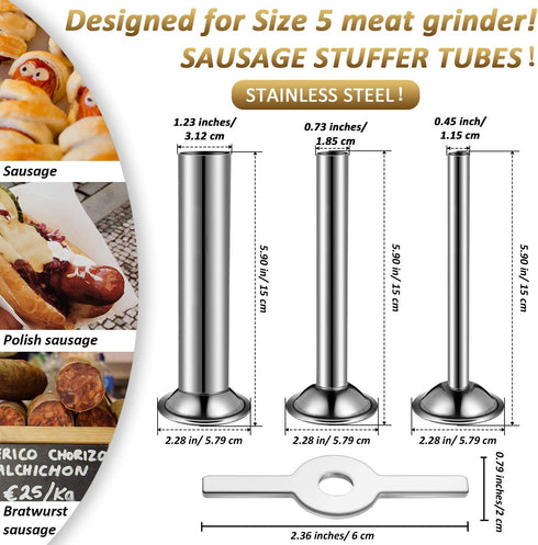 Mudder 4 Pieces Sausage Stuffer Kit 3 Different Sizes Stainless Steel Grinder Tubes with Sausage Stuffer Ring for Size 5 Meat Grinder Food Maker K...