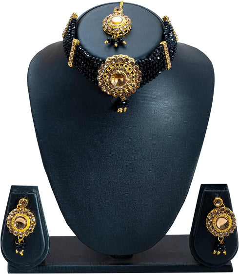 Traditional Indian Gold Plated Kundan Pearl Choker Bridal Necklace Combo with Maang Tikka and Earrings Jewellery/Jewelry Set for Women (SJN_157_PP...